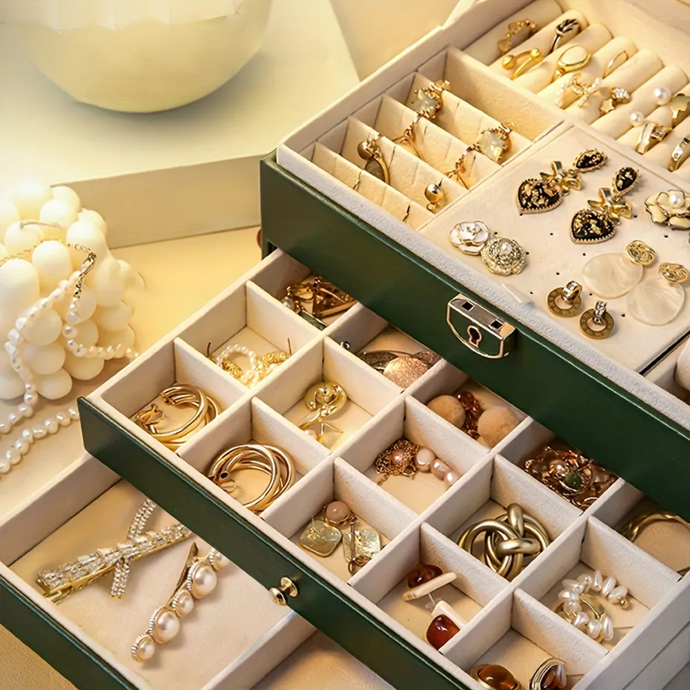 Desktop Jewelry Storage Box High-grade Necklace Earrings Stud Golden  Gemstone Jewelry Storage Box Leather Large Capacity Multilayer Organizer  Case Box - Temu