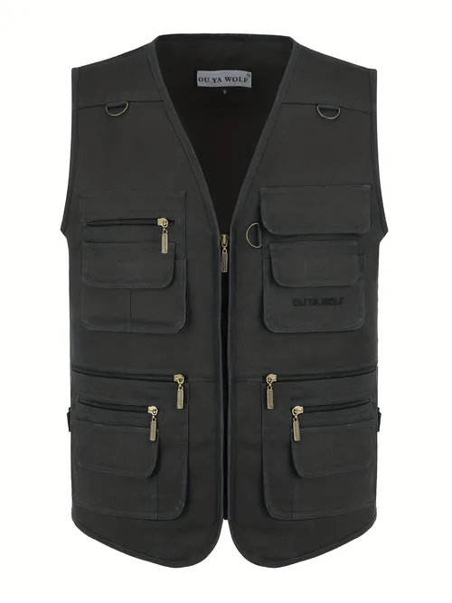 Zipper Pockets Cargo Vest Mens Casual Outwear V Neck Zip Up Vest For ...