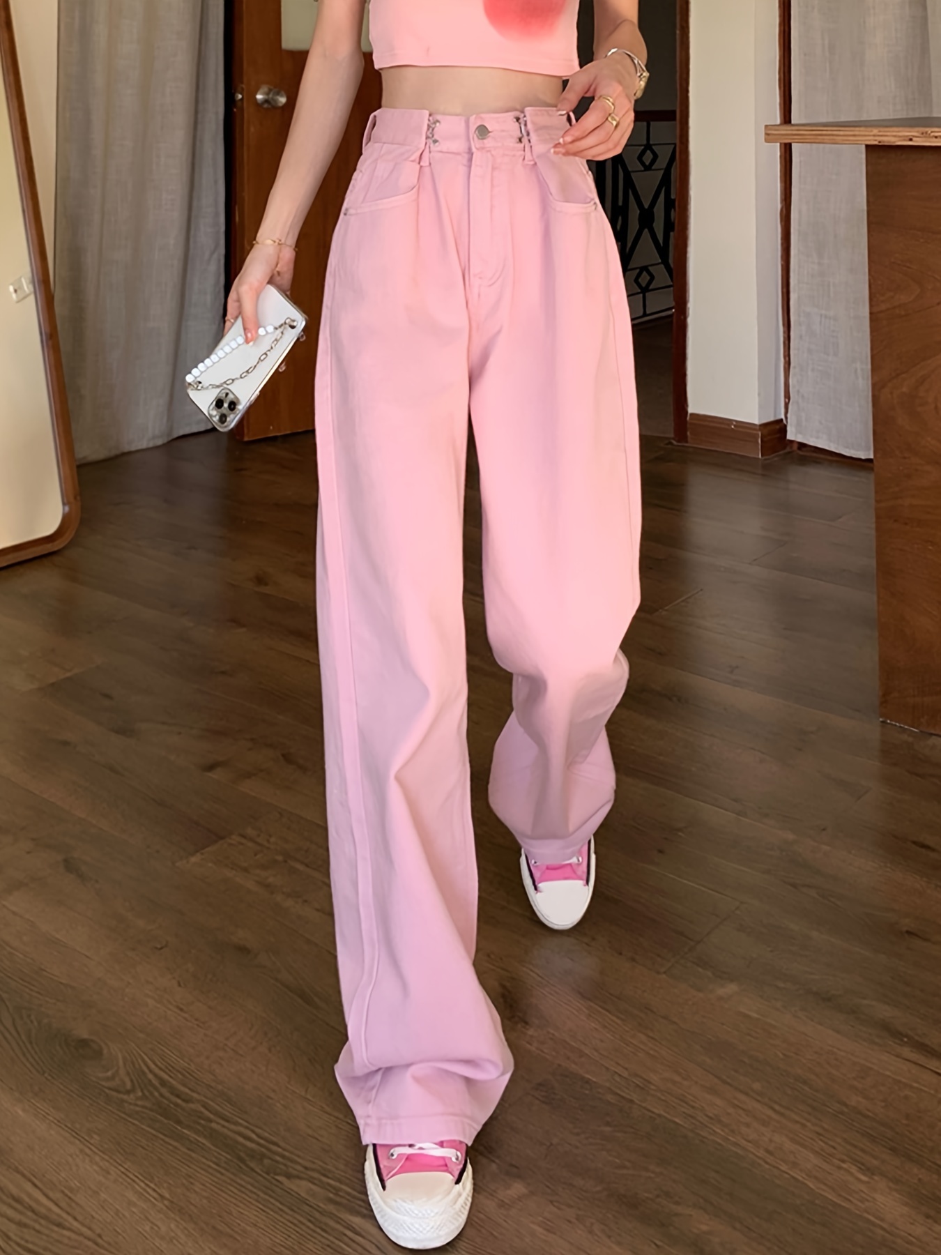 pantalones vaqueros cintura mujer color rosa botón Temu Mexico