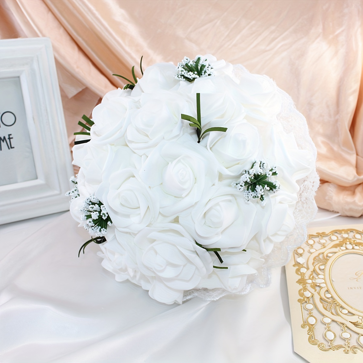Artificial Ribbon, Pearls, & Floral Bridal Wedding Bouquet