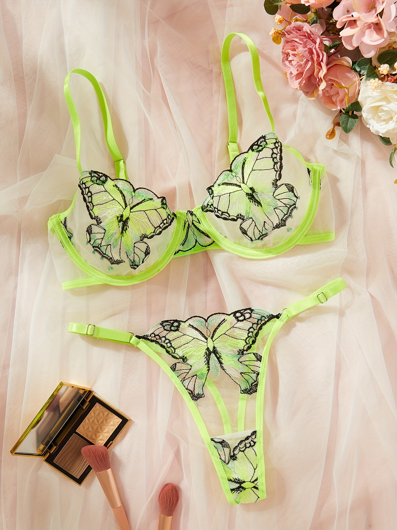 Butterfly Embroidery Lingerie Set, Intimates Bra & Thong, Women's Sexy  Lingerie & Underwear