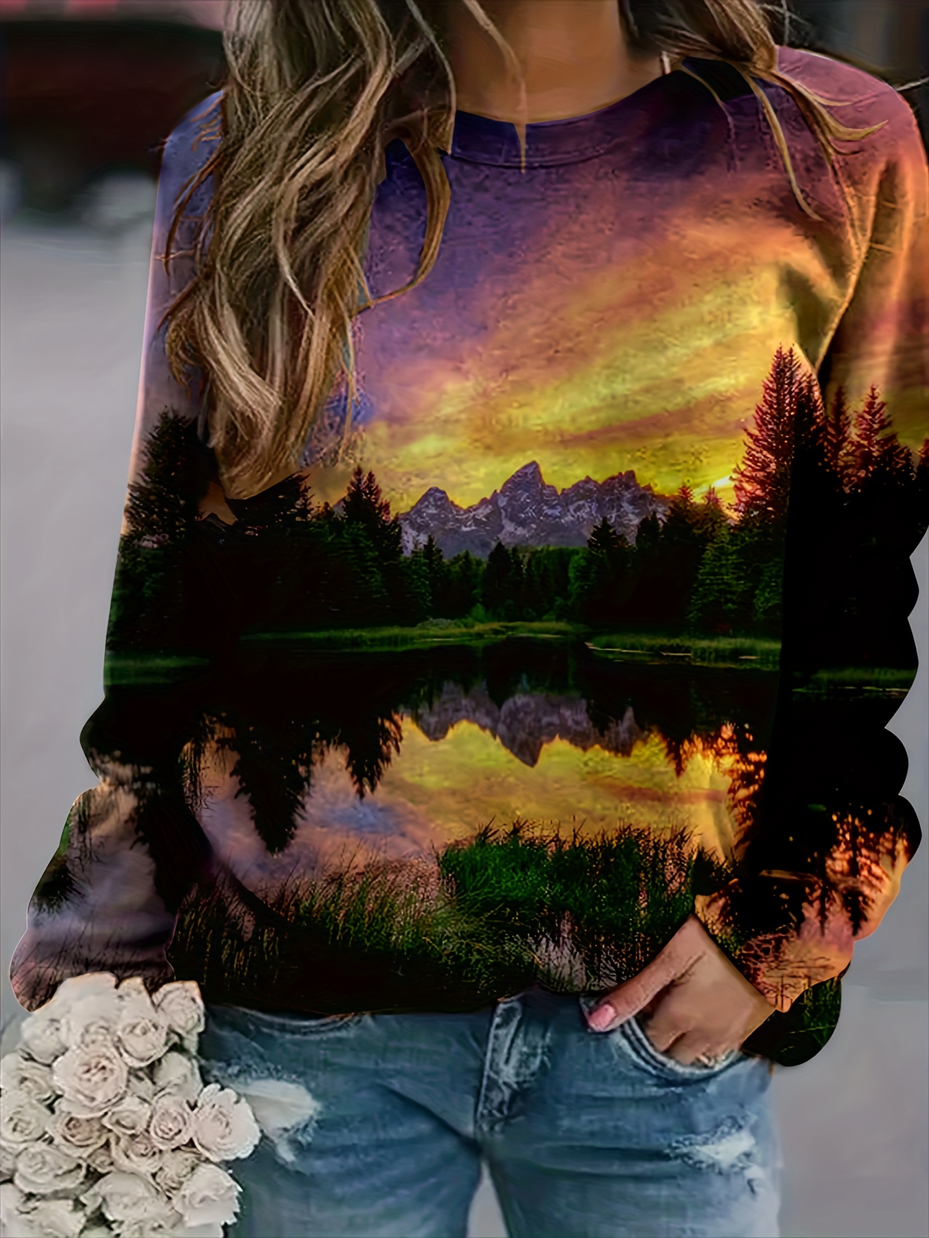 Landscape Print Pullover Sweatshirt Casual Raglan Sleeve Temu