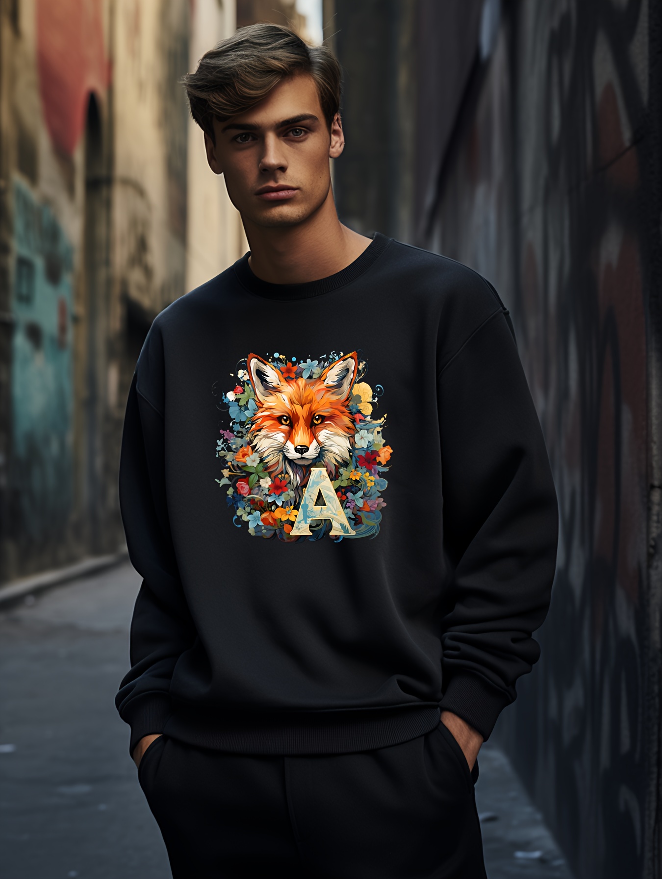 Fox Print Men's Crew Neck Sweatshirt Streetwear Pullover - Temu