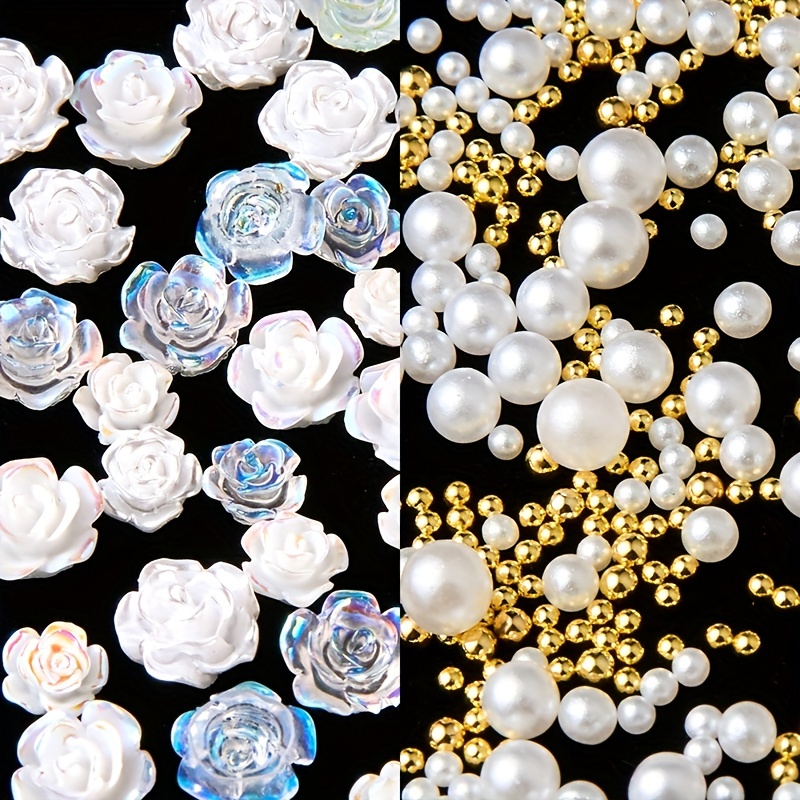 2 Cajas De Perlas Para Uñas, Mezcla De Perlas Redondas Blancas, Cuentas  Doradas, Perlas Para Decoración De Uñas Con Flores Rosas, Flor De  Decoloración