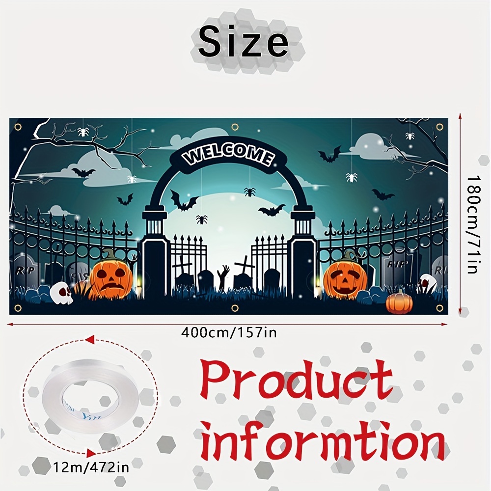 1pc happy halloween garage banner 157in 71in 400cm 180cm scary yard pumpkin pattern garage door decoration polyester with holes with rope hanging cloth mural door decoration for indoor outdoor yard holiday party backdrop arrangement details 3