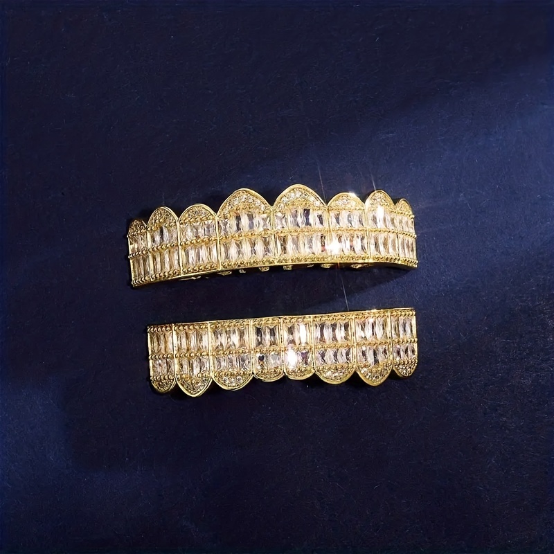 18K Unisex Big Gold Teeth Square Pave CZ 8 Teeth Top Bottom