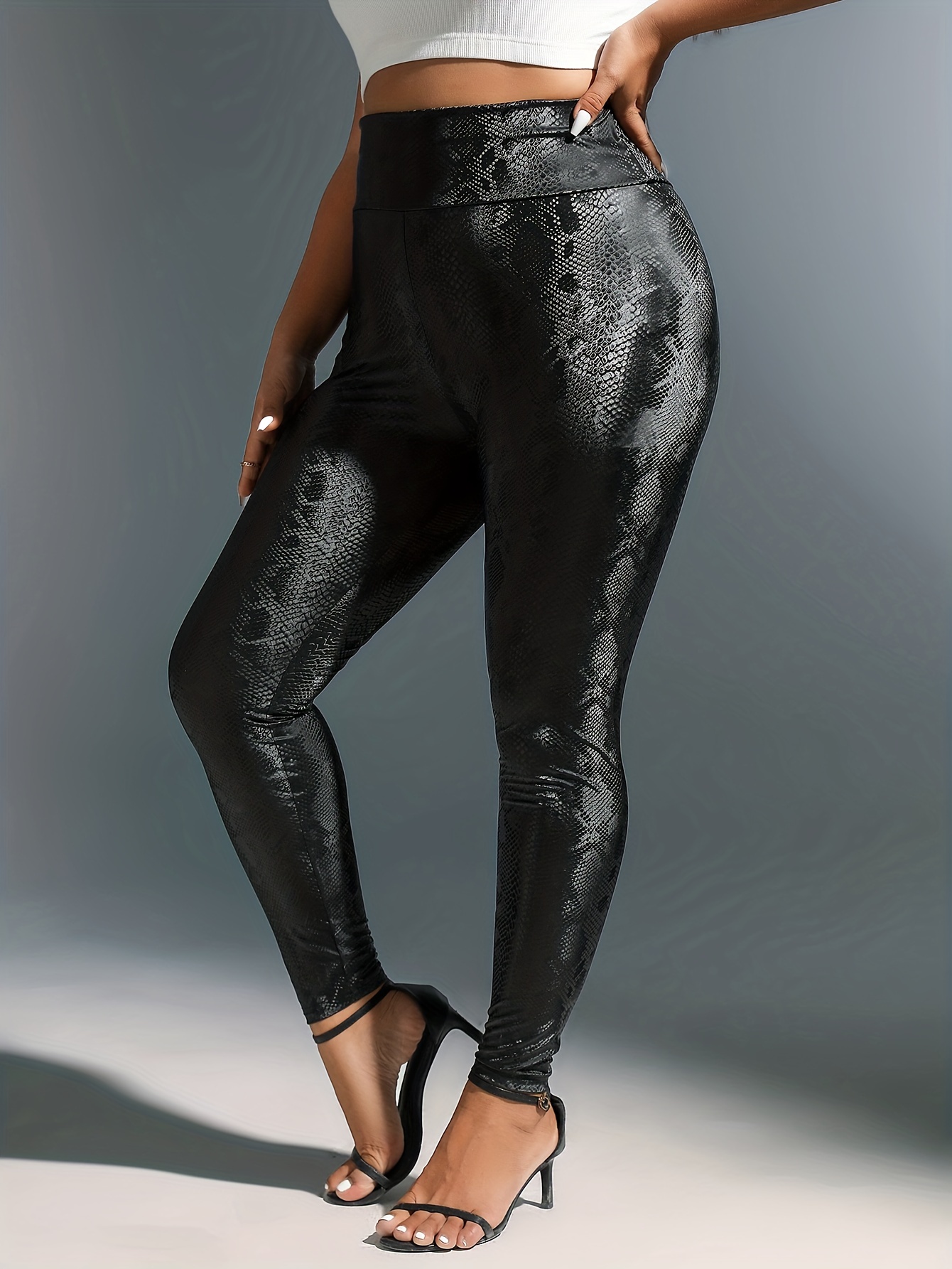 Sexy Pu Leather Push Leggings Solid Black Plus Size Perfect - Temu Canada