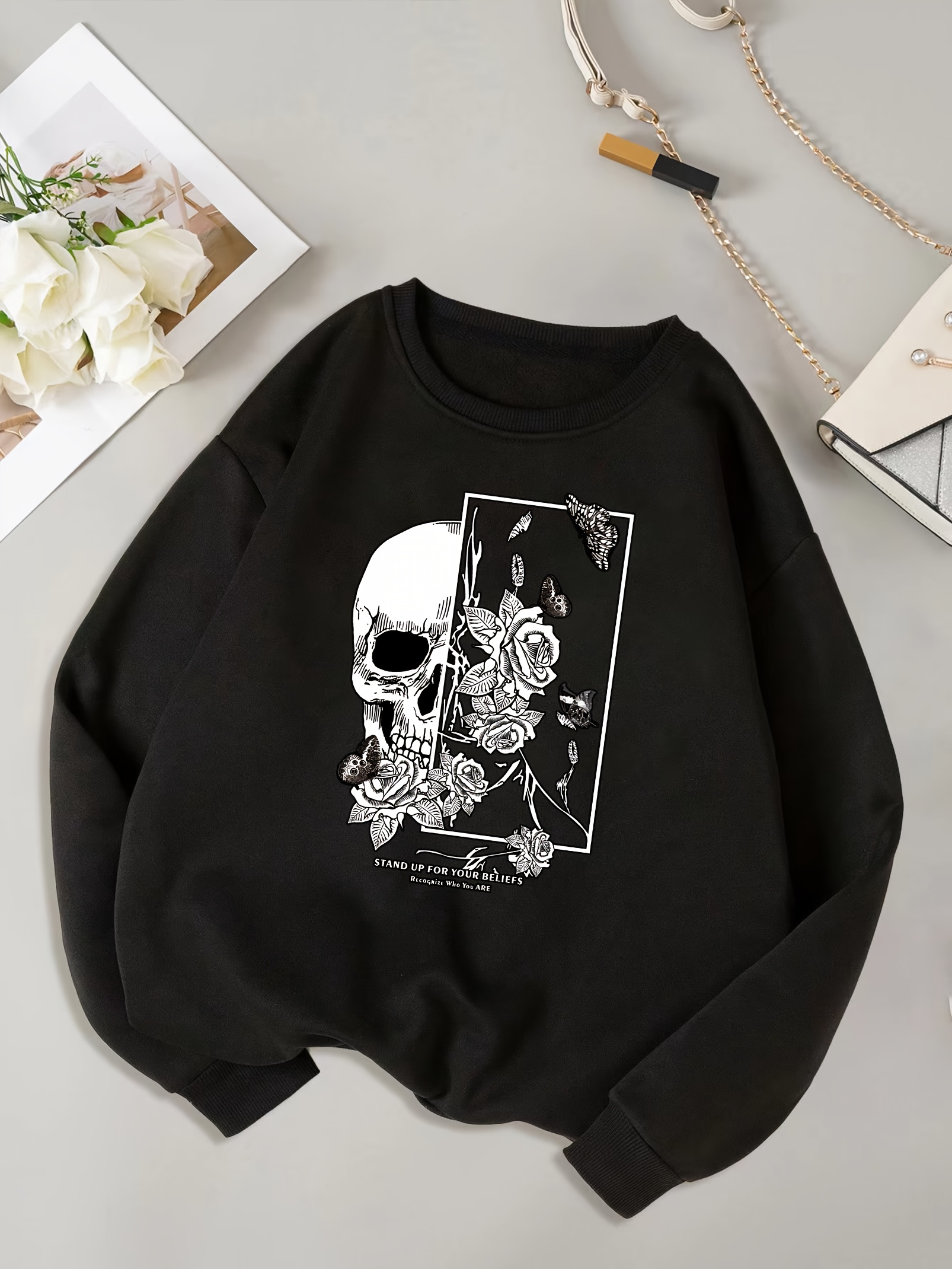 Skull White Rose Print Casual Loose Long sleeved Sweatshirt