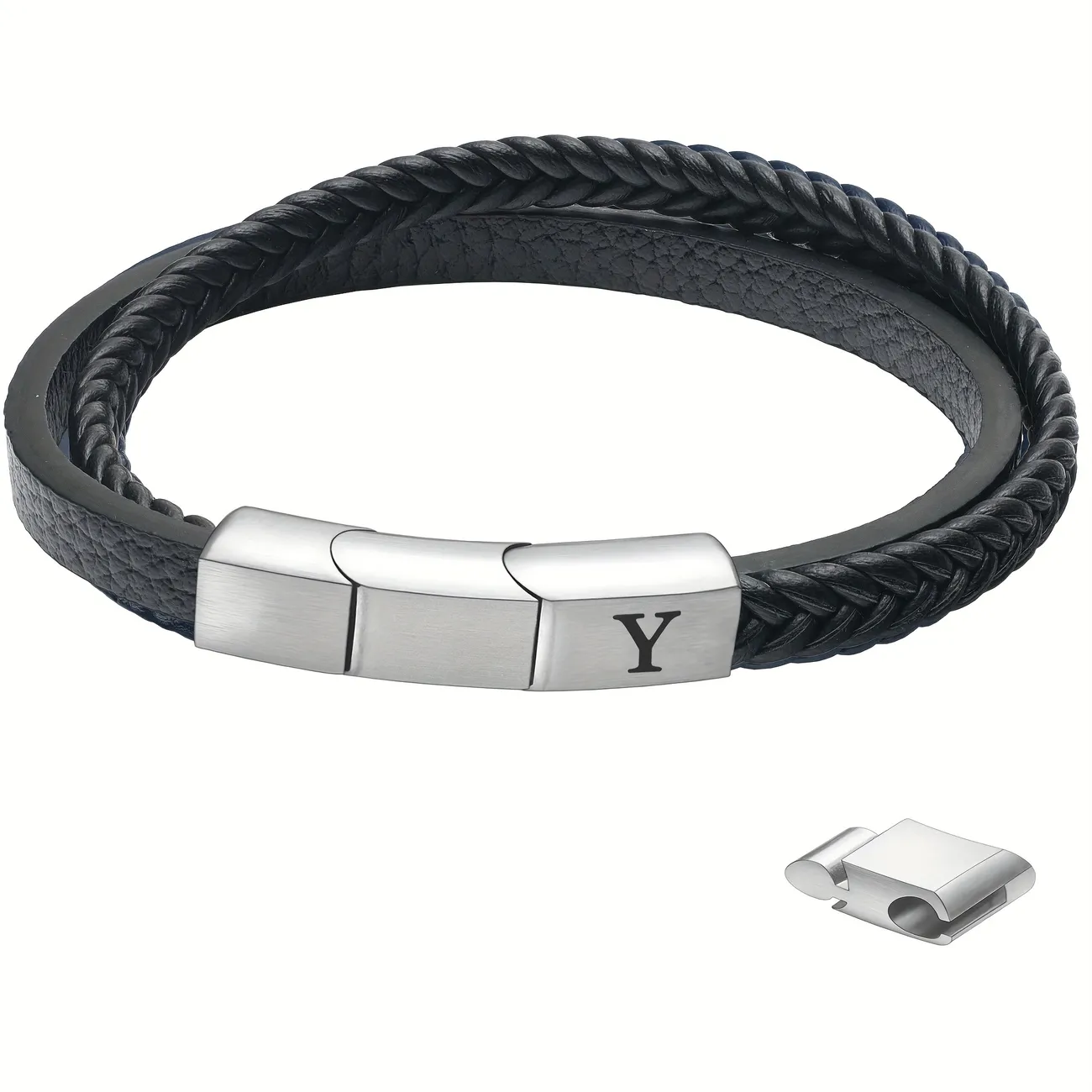 Men's Double-layer Braided Leather Bracelet With Adjustable
