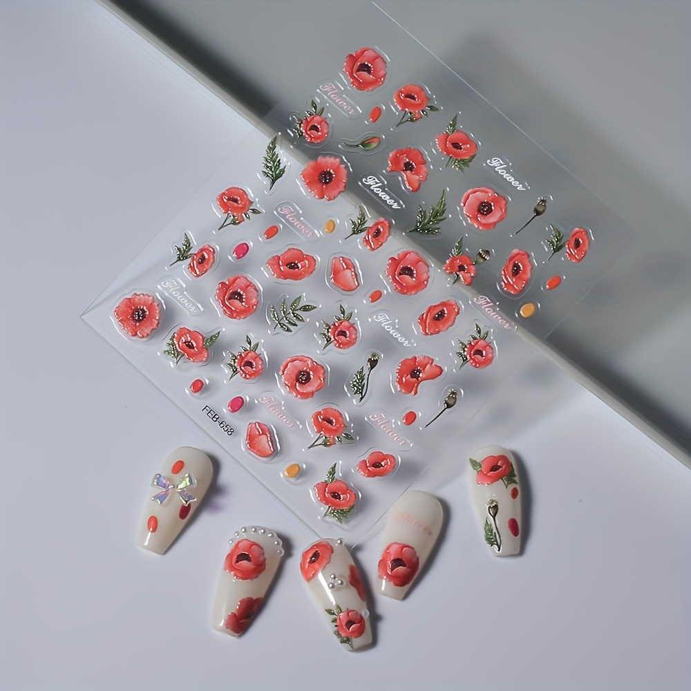 5D Embossed Waterproof Nail Art Decals, Red Flower Designs