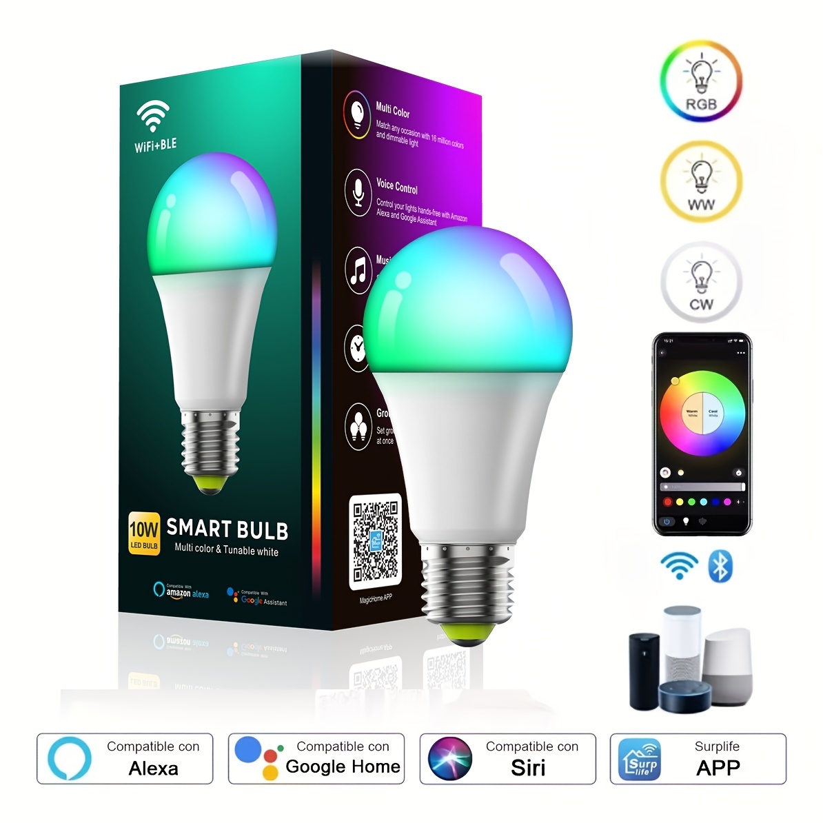 ANTELA Lampadina Alexa E14 4.5W, Smart Bulb LED G45 WiFi Lampadine RGB  Bianco freddo Luce bianca calda, Controllo APP, Controllo vocale,  Compatibile