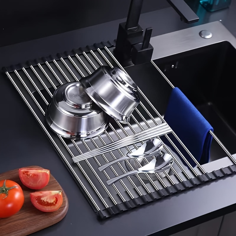 1pc multifunctional dish drying rack stainless steel over the sink roll up dish drying rack heat resistant non slip detachable utensil rack for cups fruits and vegetables details 1