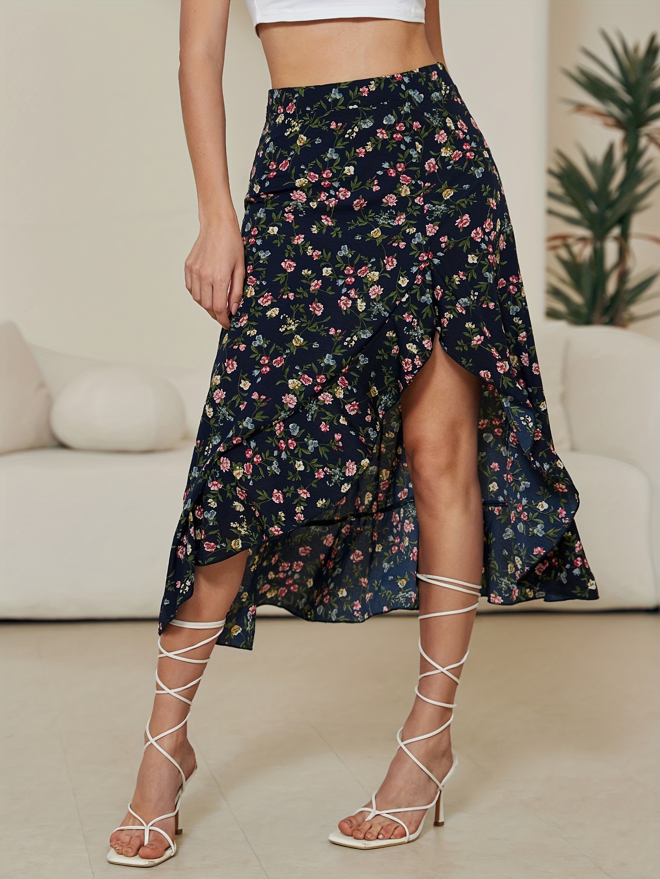 Floral Print High Waist Skirt Cute Asymmetrical Skirt Spring - Temu