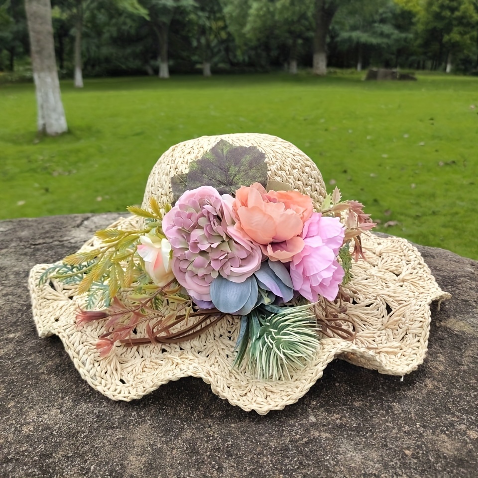 Flower Garland Decor Sun Hat Ruffles Elegant Straw Hats - Temu New