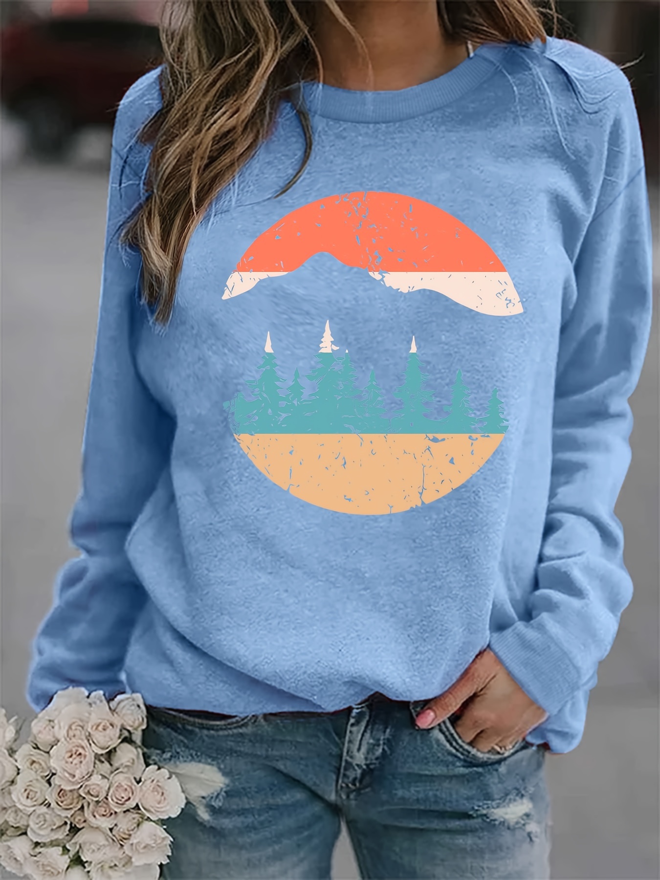 Forest Print Sweatshirt Casual Long Sleeve Crew Neck - Temu Canada