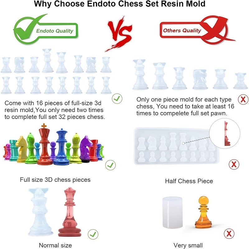 Endoto Chess Set with Checkers Board Silicone Resin Mold, 16 Pieces Full  Size 3D Chess Crystal Epoxy Casting Molds for DIY Art Crafts Making, Family  Party Board Games and Home Decoration 