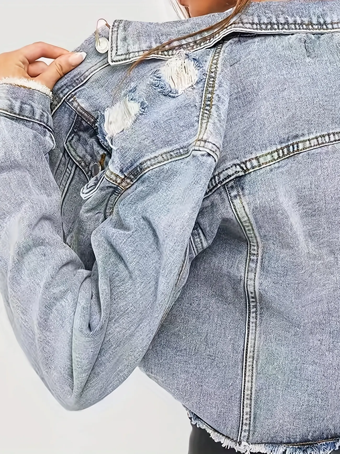Blue Washed Ripped Holes Denim Jackets, Long Sleeves Hem Lapel Denim Coats,  Women's Denim Jeans & Clothing - Temu