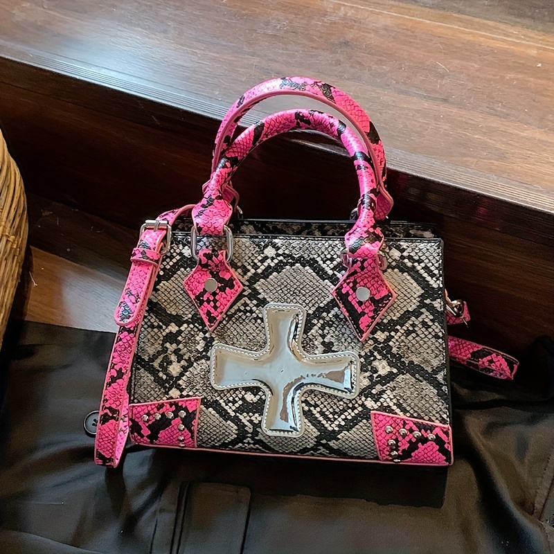 Colorblock Snake Skin Pattern Bag, Cross Patched Pattern Square