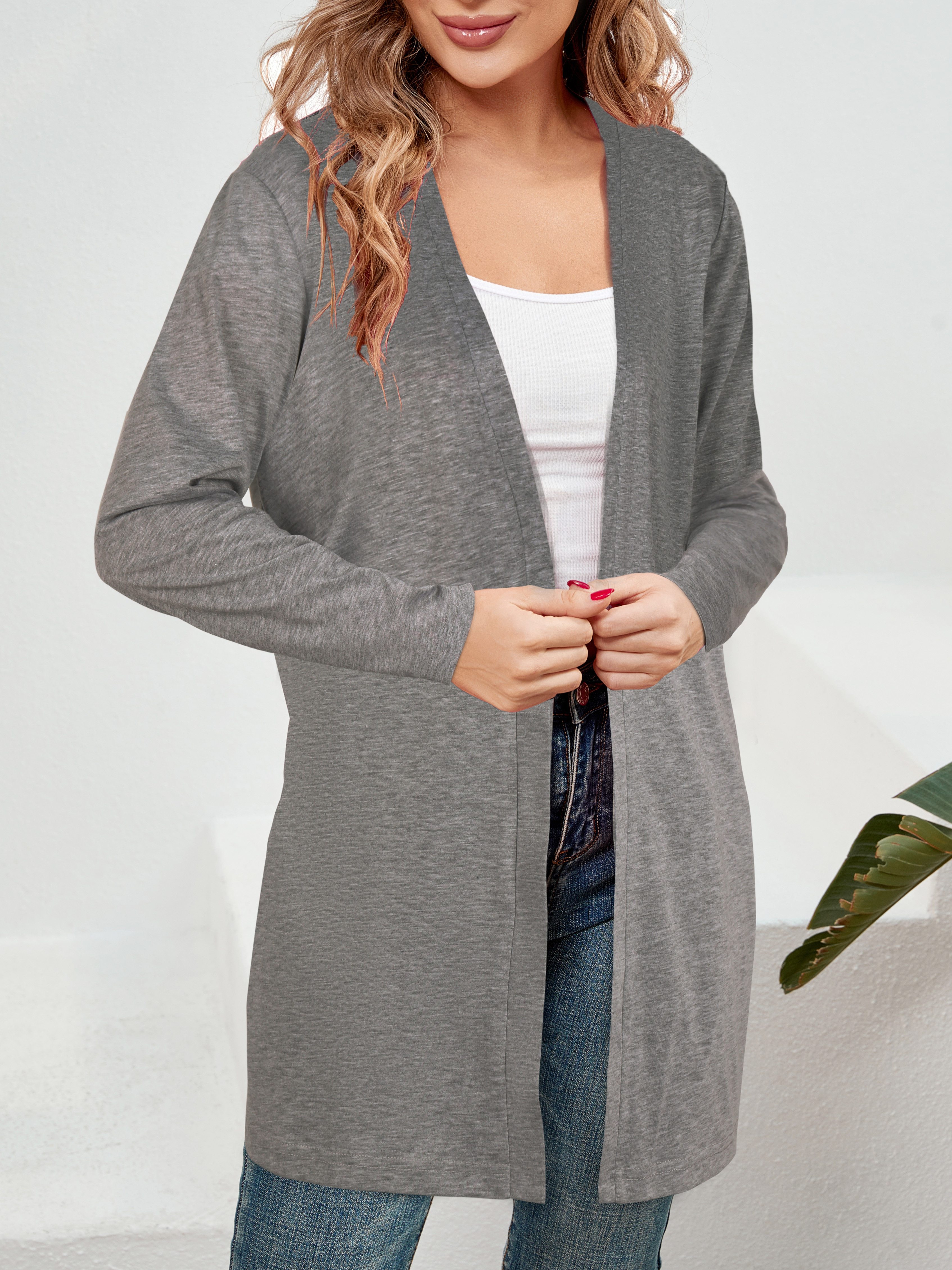 Solid Open Front Cardigan Elegante Cardigan A Maniche Lunghe