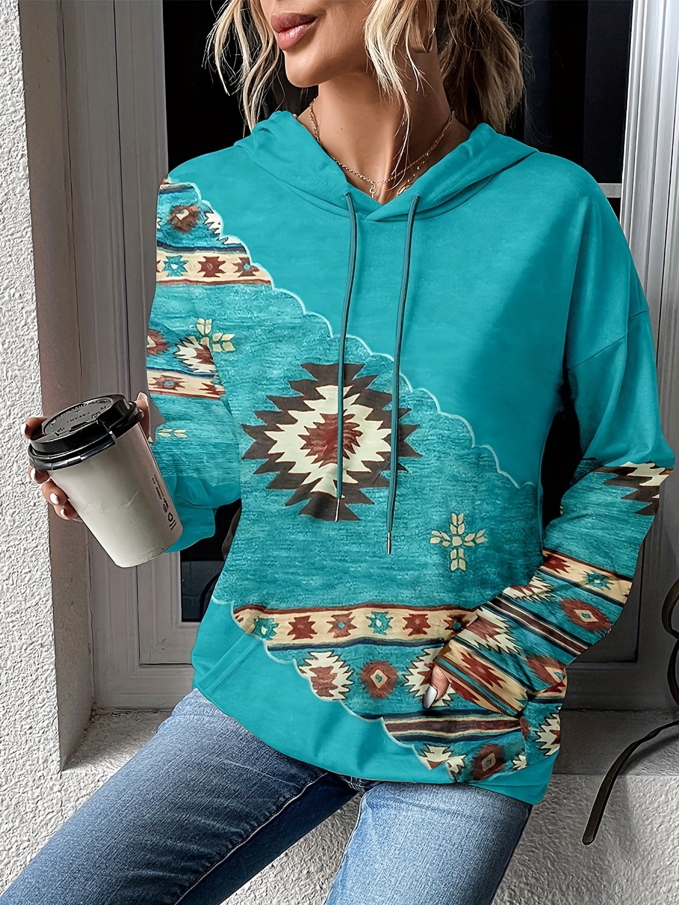 Cowboy Print Hoodie, Casual Pocket Long Sleeve Drawstring Hoodies