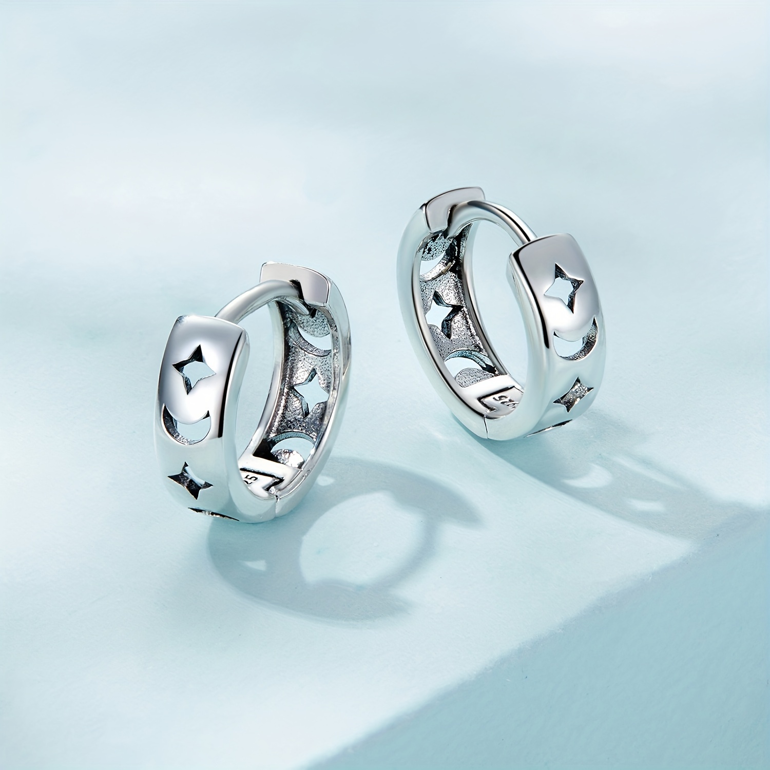 925 Silver Hollow Star Moon Pattern Earrings Daily Casual