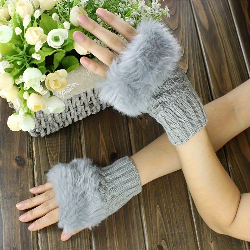 Thickened Velvet Lined Knit Gloves Short Solid Color Plush Cuff Fingerless  Gloves With Thumb Hole Autumn Winter Elastic Coldproof Writing Gloves - Temu