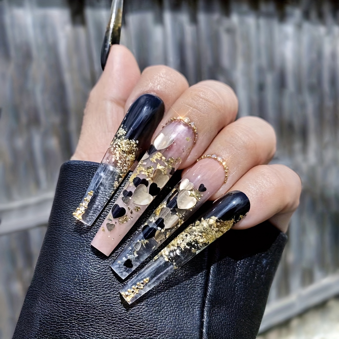 Golden Glitter Coffin Press On Nails With Rhinestones And - Temu