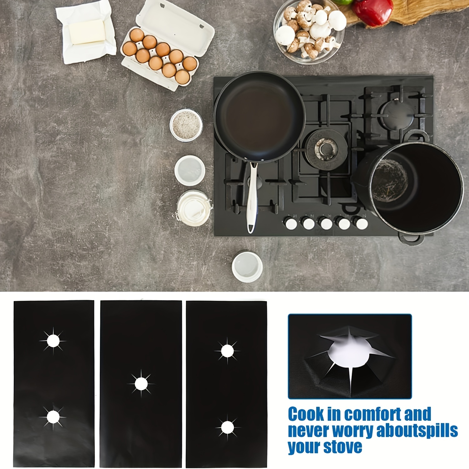 3pcs Gas Stove Burner Covers Reusable Teflon Protector Mat