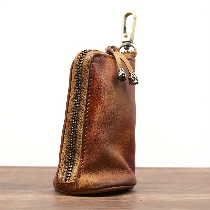 1pc Echte Leder Schlüsseltasche Vintage Taille Tasche Weiches Leder  Einfache Multifunktionale Reißverschluss Schlüssel Etui Halter  Schlüsselanhänger