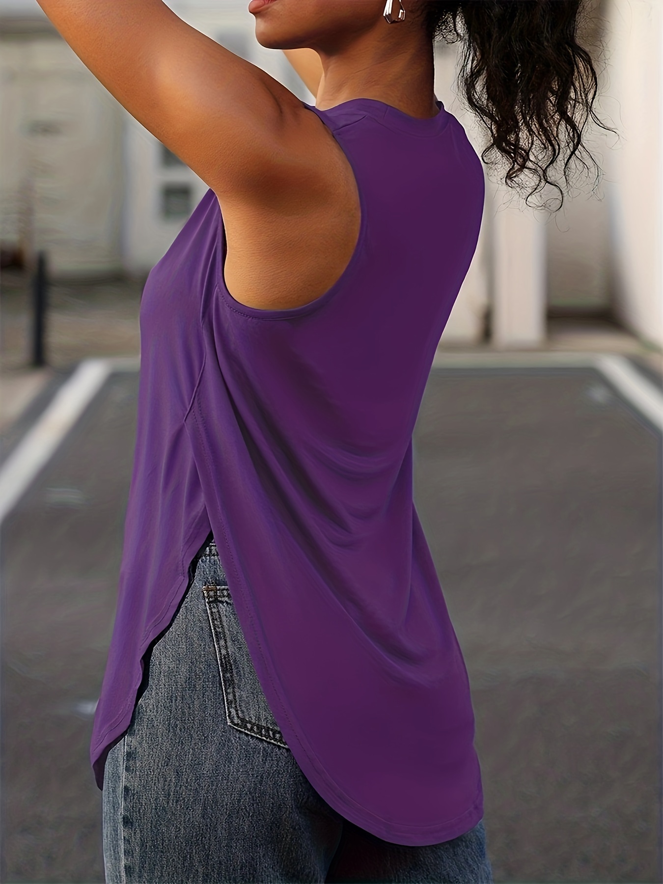 Solid Crew Neck Tank Top, Casual Sleeveless Split Top, Women's Clothing