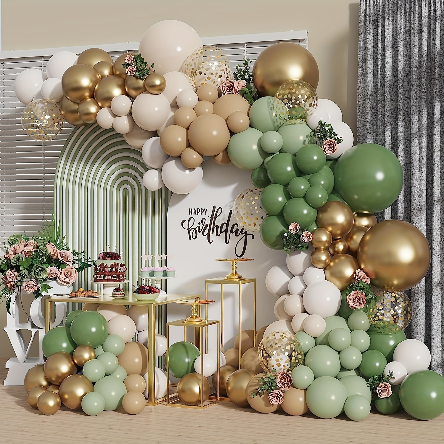 Kit de decoración para fiesta de ducha bohemia de 140 piezas: globos retro  verde salvia, blanco y dorado metálico, confeti verde macarrón y más.