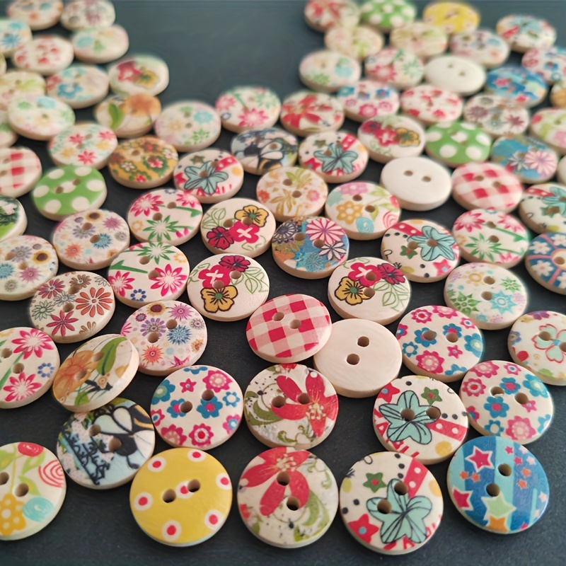 200 pz Bottoni Colorati Decorativi in Legno - Stampa Misti Assortiti  Floreale per Cucito Fai da Te - Giochi In Legno