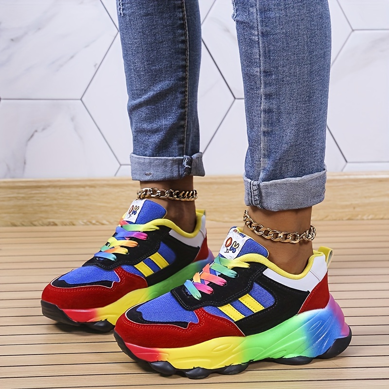Women's Rainbow Sole Flying Woven Sneakers, Breathable Mesh Lace-up Running  Shoes, Women's Footwear - Temu