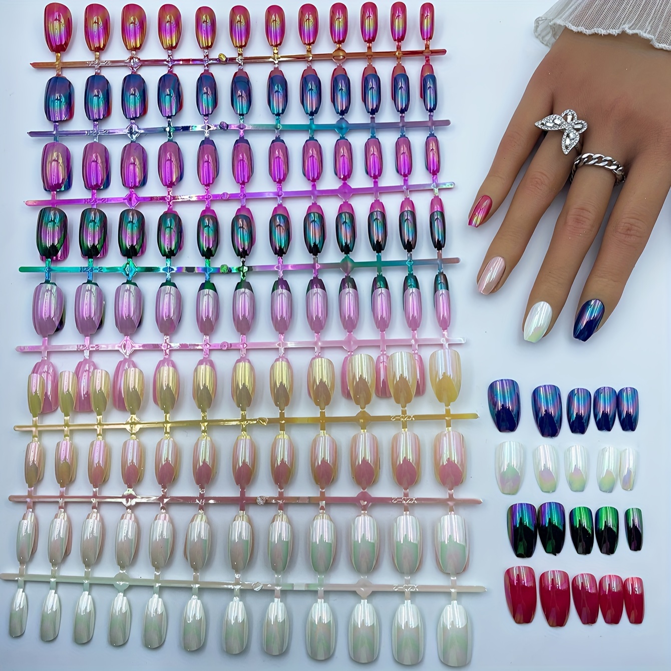 

8 Colors Shiny Punk Style Metallic Solid Color Press On Nails Chrome Fake Nails Metal Plating Acrylic Short Ballet Reflective Mirror Pure Color Nail Art Tips