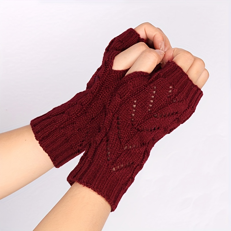 Half Finger Knit Gloves for Women, Solid Color Wrist Support Thick Warm Gloves, Students Writing Gloves,Temu