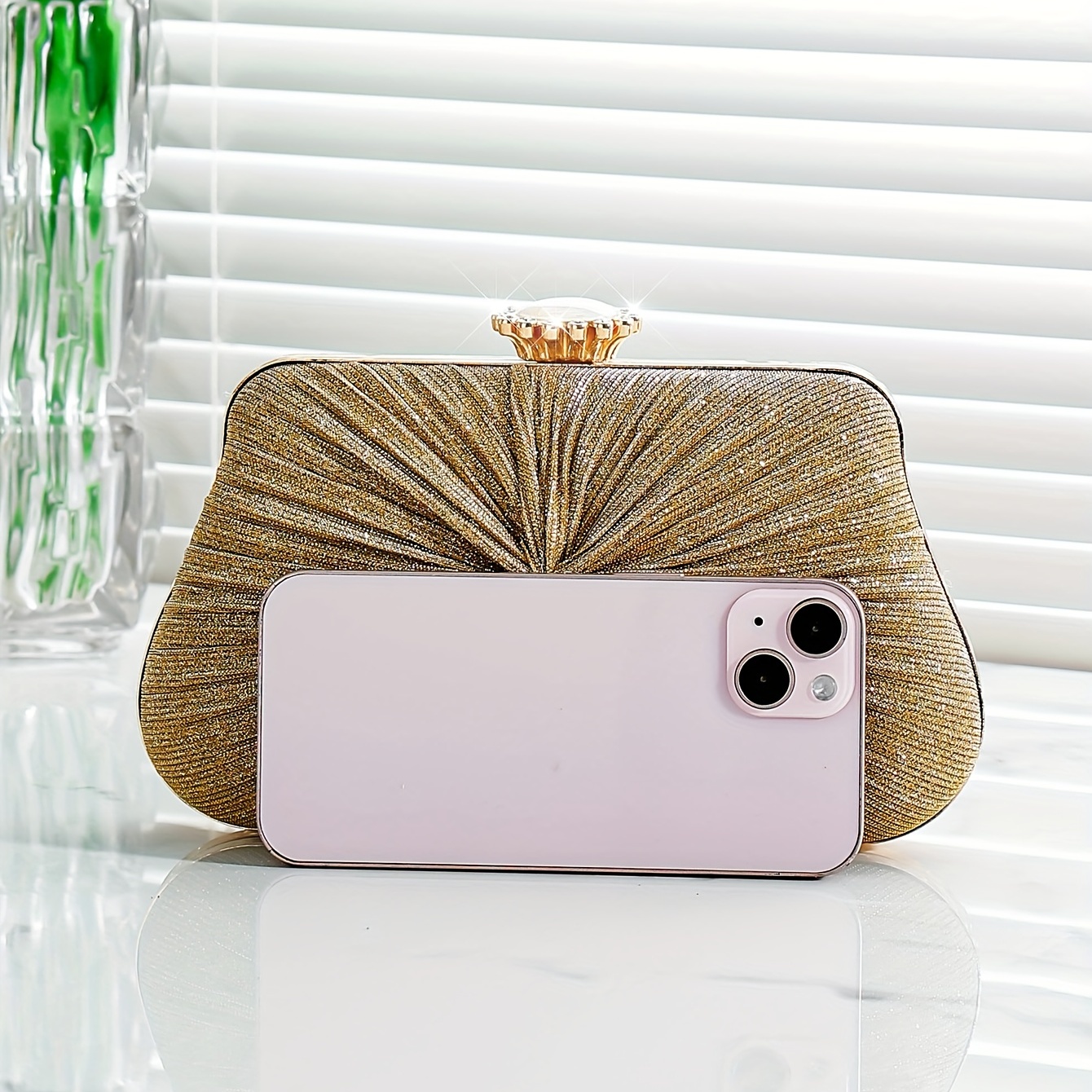 Elegant Rhinestone Glitter Chain Clutch Kiss Lock Purse