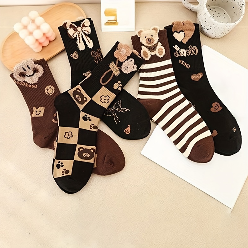 5 pairs bear bow print socks comfy warm mid tube socks womens stockings hosiery details 1