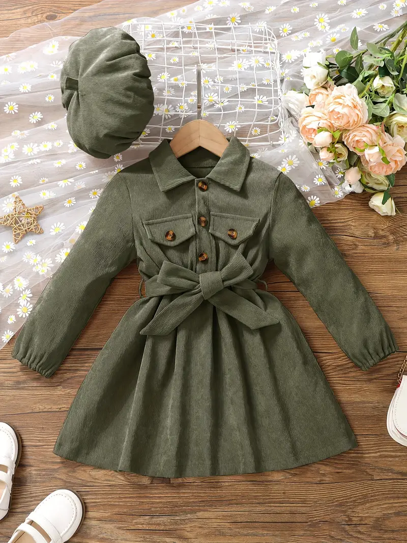 girls casual dress corduroy button front collar neck dresses with belt and hat set trendy kids autumn outfit details 34