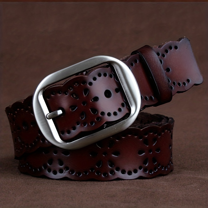 Genuine Leather Belt Solid Color Rectangular Pin Buckle Belt - Temu Canada