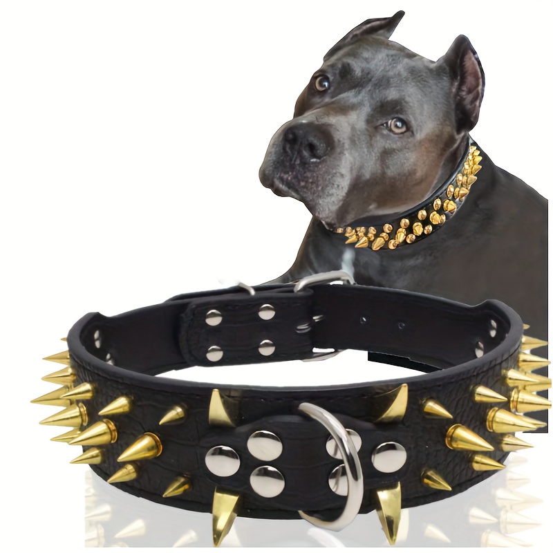 

Cool Golden Sharp Spikes Studded Pet Dog Collar Fashion Leather Dog Collar For Medium And Large Dogs