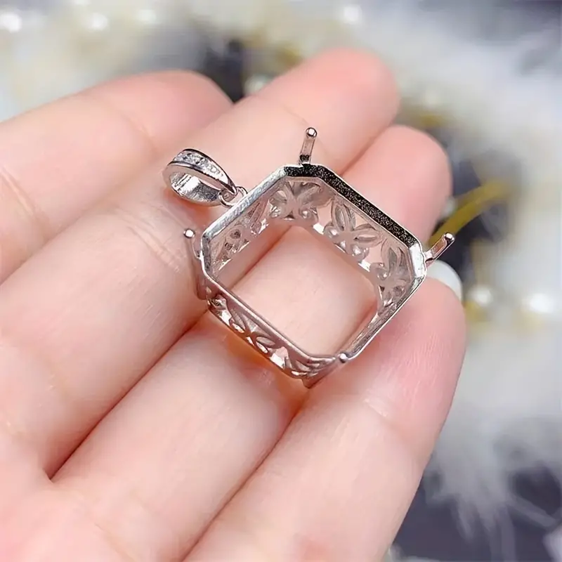 1pc Multi Sizes S925 Sterling Silver Pendants Square Rhinestone Settings  For Handmade Jewelry Making