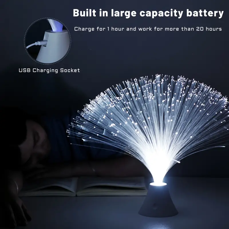 1 lampada a fibra ottica, luce notturna a fibra ottica che cambia colore,  alimentata tramite USB/batteria, lampada calmante con base di cristalli che