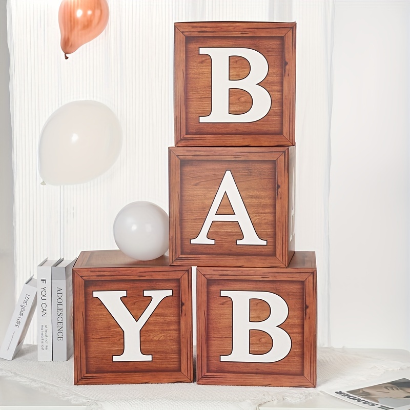 Decoraciones para baby shower, cajas de bebé con letras, 4 piezas de  bloques de madera para baby shower con letra de bebé impresa, decoraciones  de