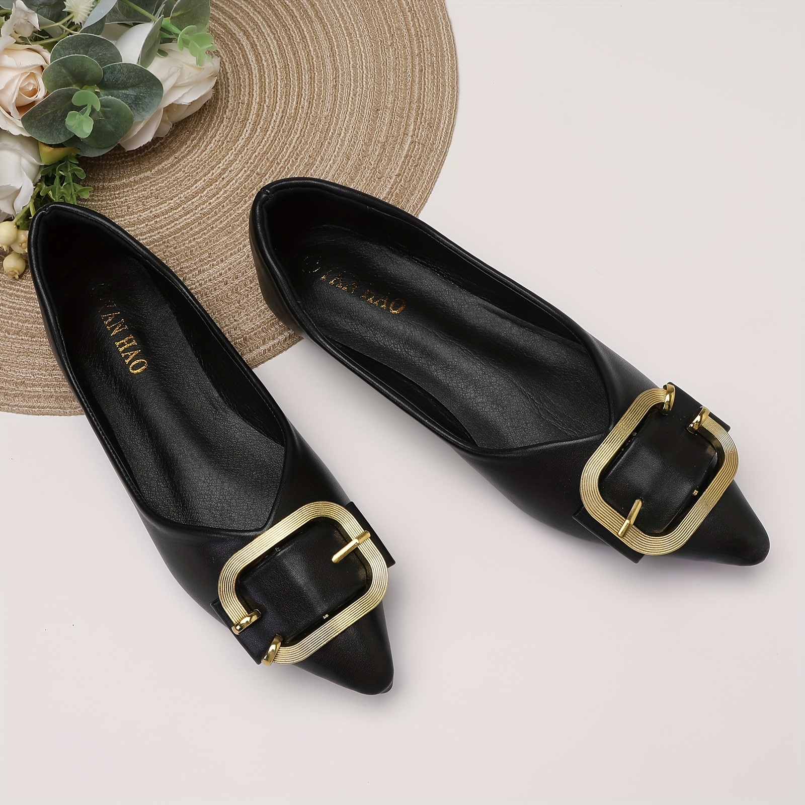 Black flat shoes with best sale gold buckle