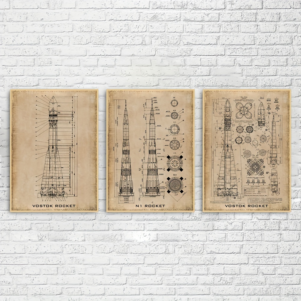 3pcs frameless vintage patent wall poster rocket diagram wall 