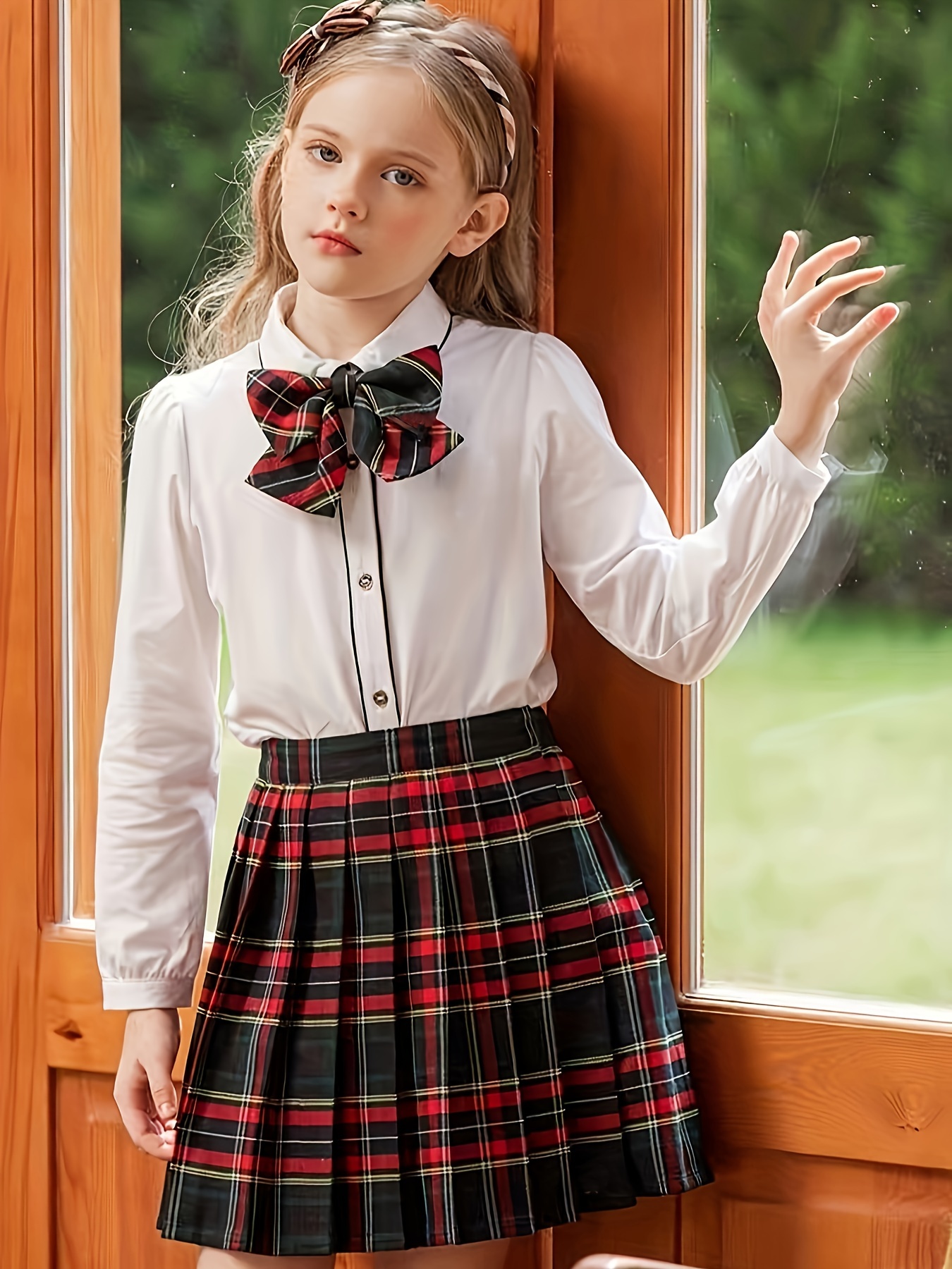 Plaid Pleated Skirt & Shirt Set For Girls, Preppy Style School Uniform With  Bow