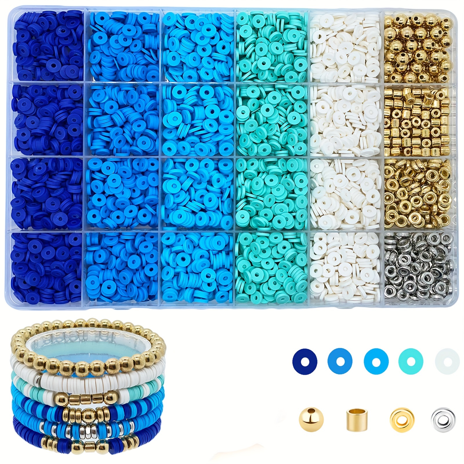

Kit de fabrication de bijoux comprenant 4320 perles en argile bleue pour la confection de bracelets, des perles plates rondes de polymère argenté de 6 mm et du cordon élastique en cristal.
