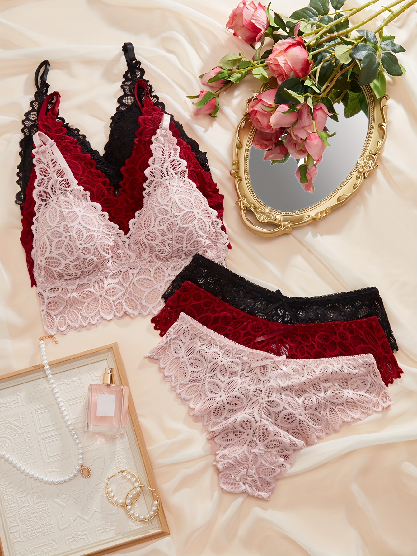 Valentine's Day Sexy Floral Lace Lingerie Set Wireless - Temu