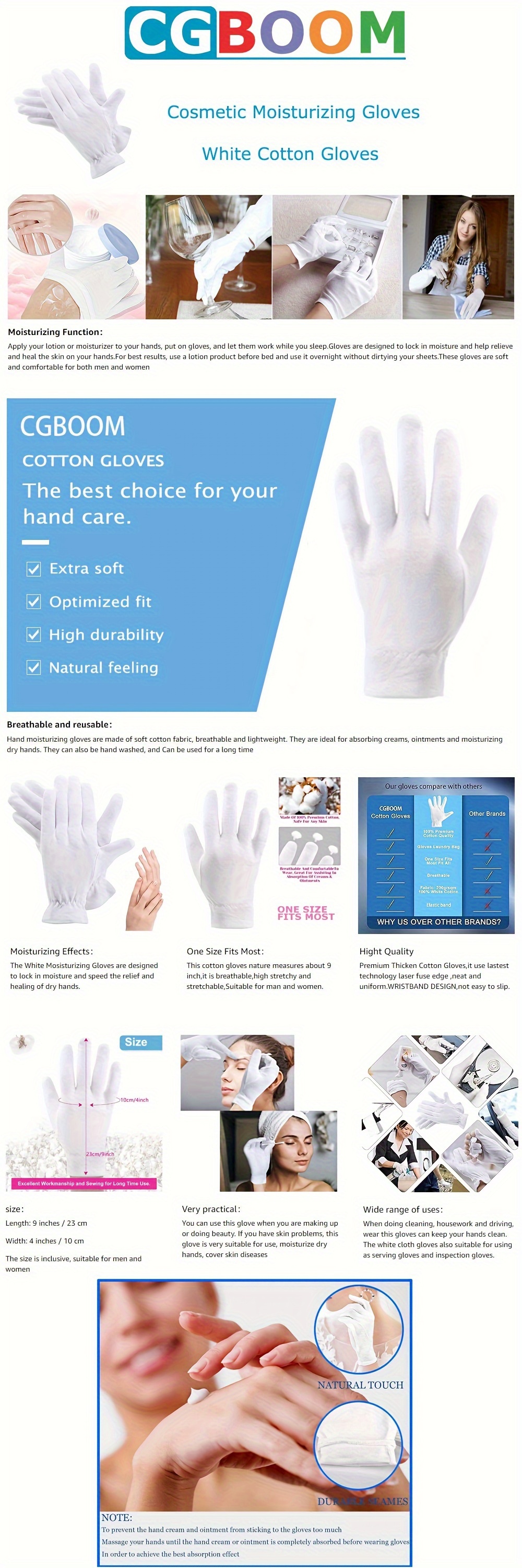 2 Pairs Dermatological Cotton Gloves Use with Hand Cream Soft