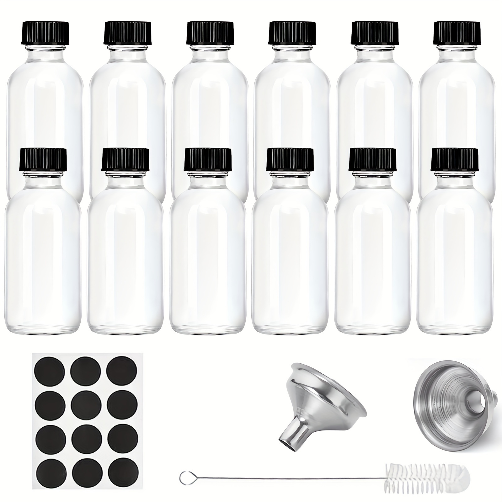 12pcs Glass Bottles With Lids And 2 Stainless Steel Funnels 2 Oz 60ml, Small Clear Glass Bottles For Potion, Juice, Wellness, Ginger Shots, Whiskey, Liquids, Mini Travel Essential Bottles, Kitchen Stuff, Travel Supplies